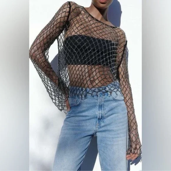 Zara Black Sheer Net Top - Picture 4 of 8
